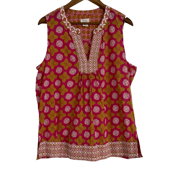 Sigrid Olsen Tops - Sigrid Olsen Pink & Mustard Floral Print Embroidered Women's Top Size XL